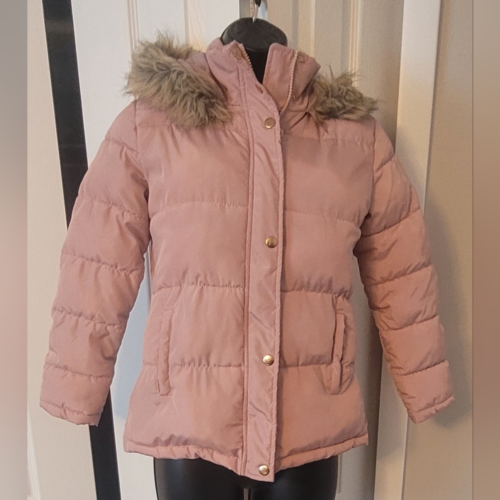 Kids Pink Puffer Jacket with Faux Fur Hood